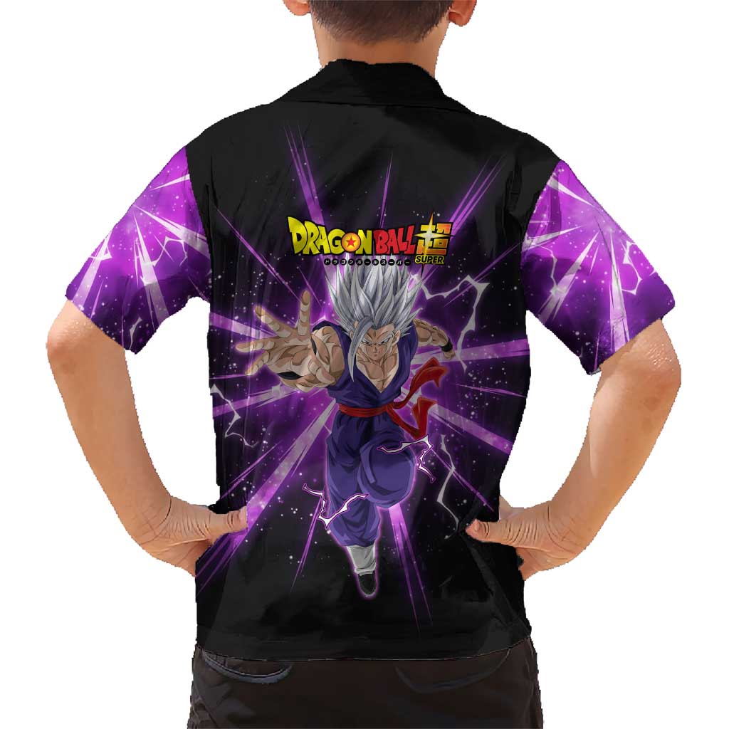 Gohan Beast Dragon Ball Super Anime Purple Lightning Aura Design Family Matching Mermaid Dress and Hawaiian Shirt with Dynamic Power Pose and Energy Burst Background