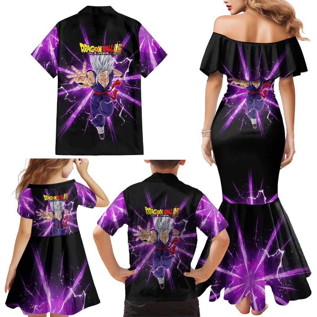 Gohan Beast Dragon Ball Super Anime Purple Lightning Aura Design Family Matching Mermaid Dress and Hawaiian Shirt with Dynamic Power Pose and Energy Burst Background