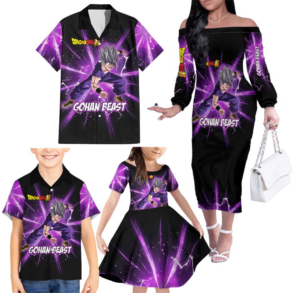 Gohan Beast Dragon Ball Super Anime Purple Lightning Aura Design Family Matching Off The Shoulder Long Sleeve Dress and Hawaiian Shirt with Dynamic Power Pose and Energy Burst Background