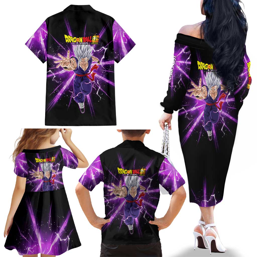 Gohan Beast Dragon Ball Super Anime Purple Lightning Aura Design Family Matching Off The Shoulder Long Sleeve Dress and Hawaiian Shirt with Dynamic Power Pose and Energy Burst Background