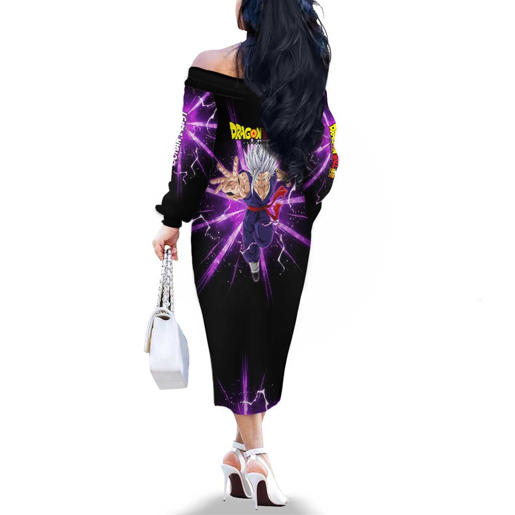 Gohan Beast Dragon Ball Super Anime Purple Lightning Aura Design Family Matching Off The Shoulder Long Sleeve Dress and Hawaiian Shirt with Dynamic Power Pose and Energy Burst Background