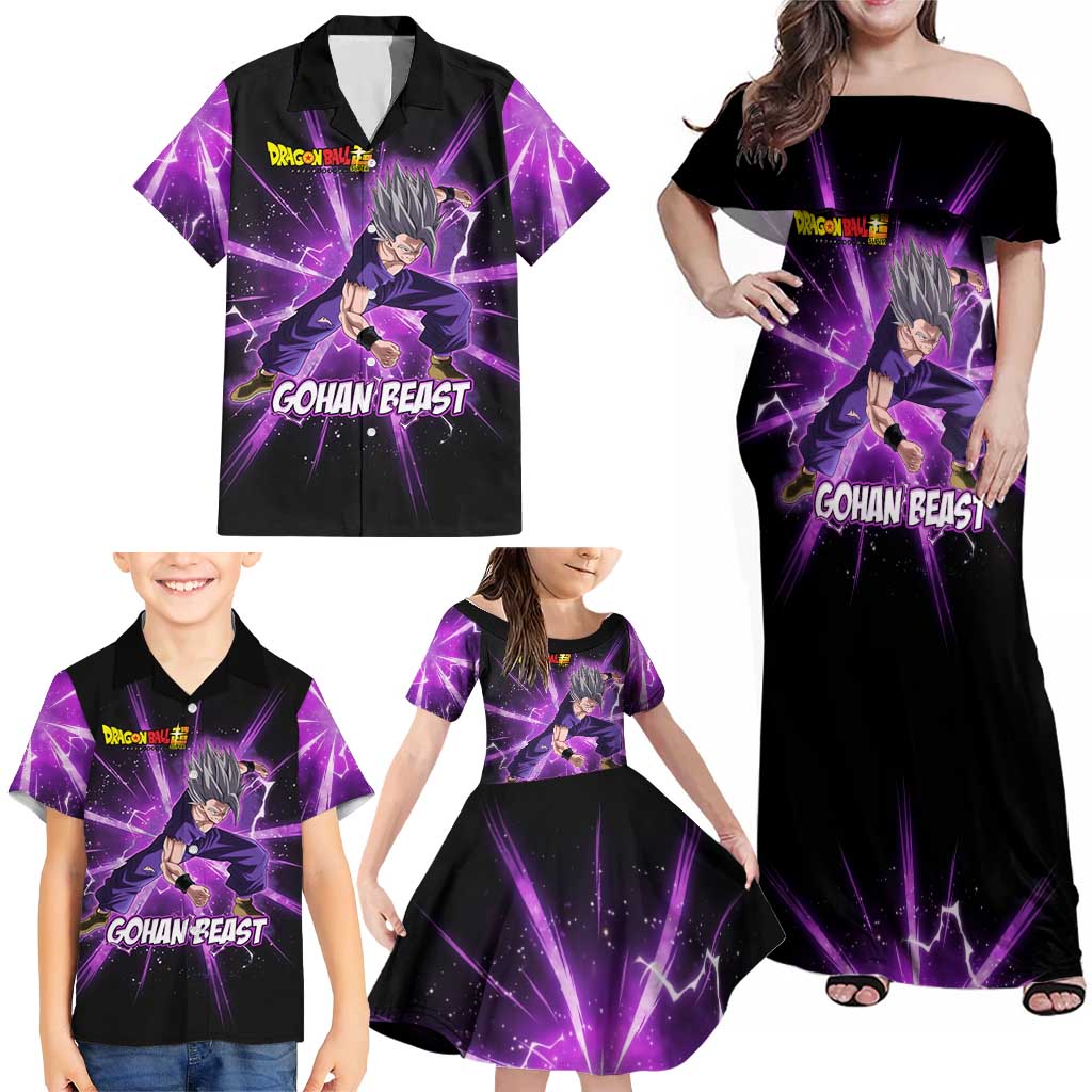Gohan Beast Dragon Ball Super Anime Purple Lightning Aura Design Family Matching Off Shoulder Maxi Dress and Hawaiian Shirt with Dynamic Power Pose and Energy Burst Background