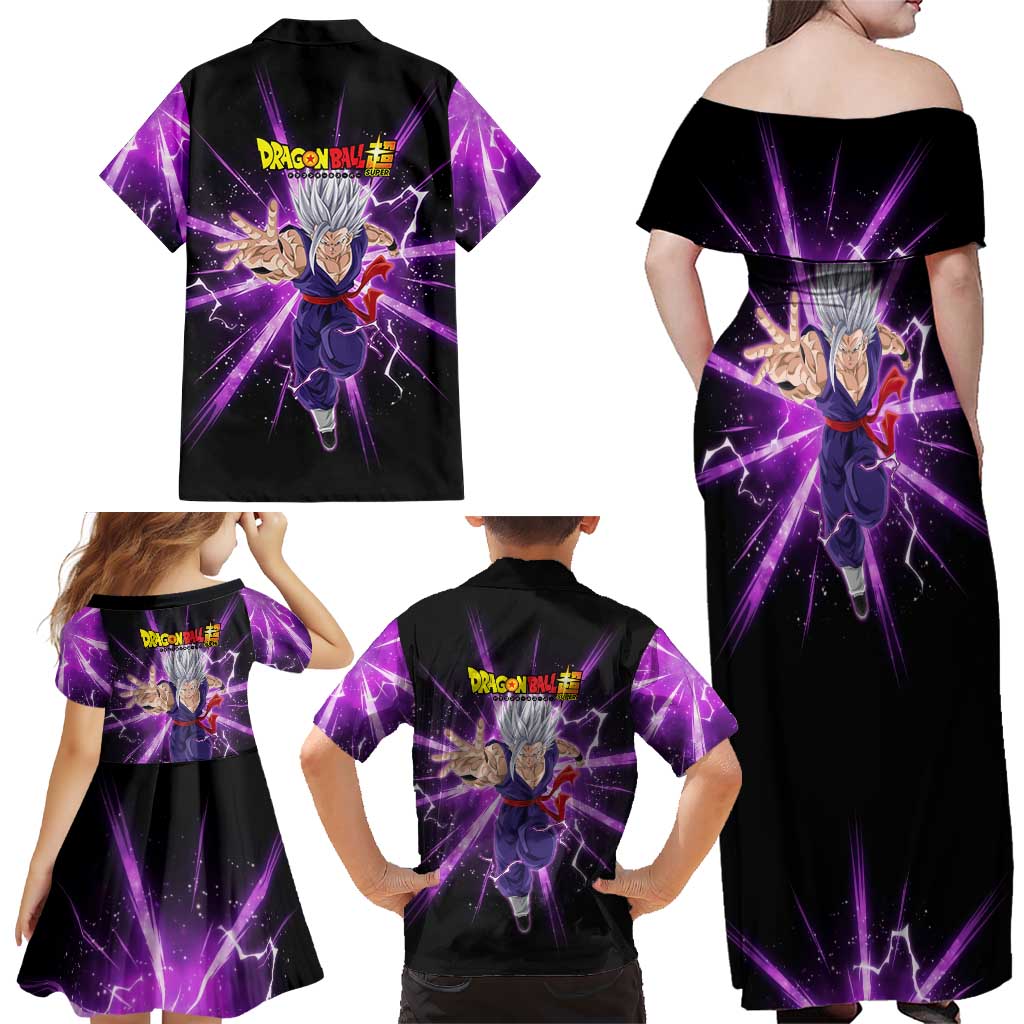 Gohan Beast Dragon Ball Super Anime Purple Lightning Aura Design Family Matching Off Shoulder Maxi Dress and Hawaiian Shirt with Dynamic Power Pose and Energy Burst Background