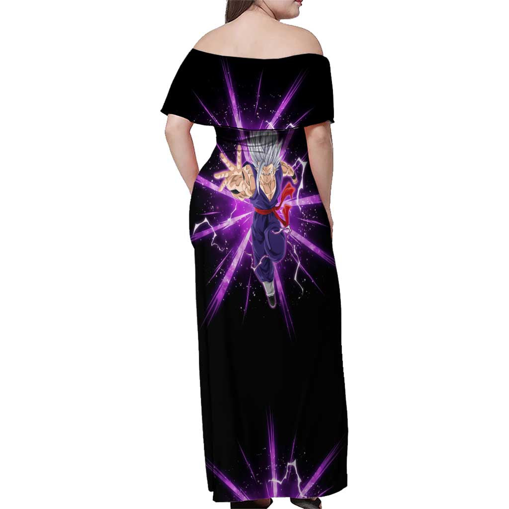 Gohan Beast Dragon Ball Super Anime Purple Lightning Aura Design Family Matching Off Shoulder Maxi Dress and Hawaiian Shirt with Dynamic Power Pose and Energy Burst Background