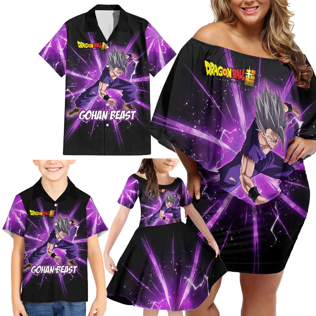 Gohan Beast Dragon Ball Super Anime Purple Lightning Aura Design Family Matching Off Shoulder Short Dress and Hawaiian Shirt with Dynamic Power Pose and Energy Burst Background