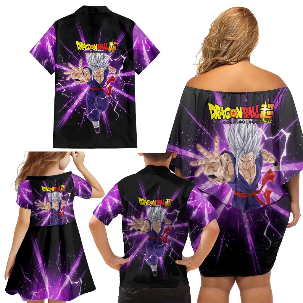 Gohan Beast Dragon Ball Super Anime Purple Lightning Aura Design Family Matching Off Shoulder Short Dress and Hawaiian Shirt with Dynamic Power Pose and Energy Burst Background