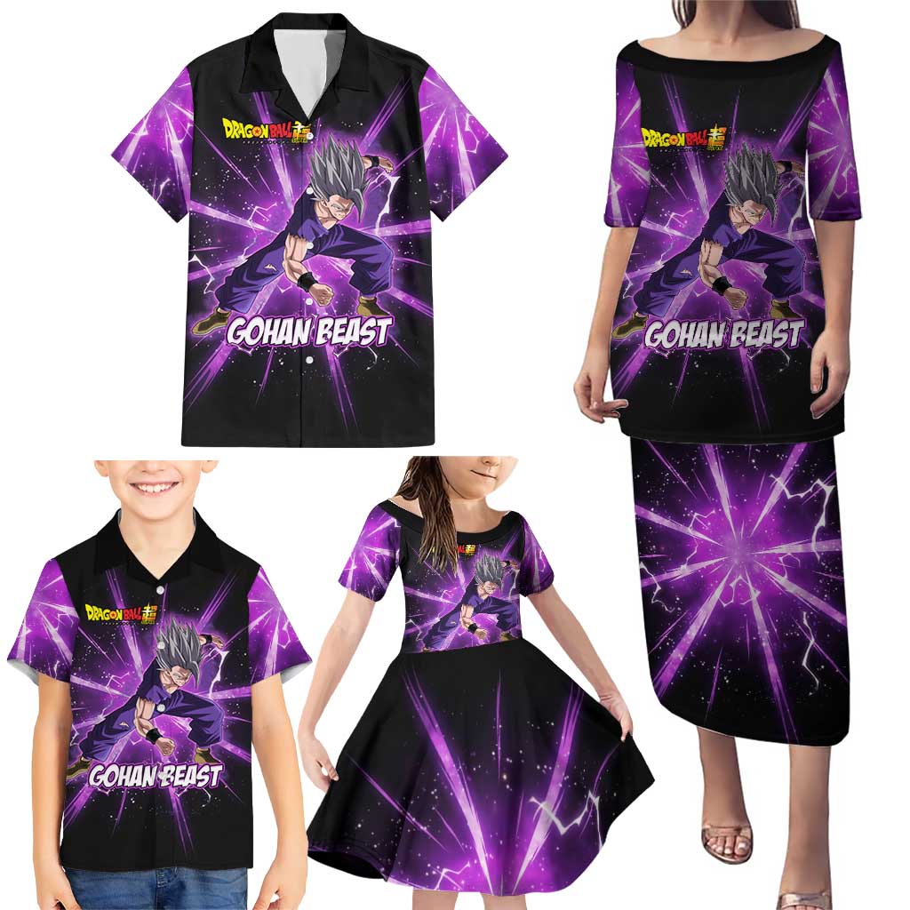 Gohan Beast Dragon Ball Super Anime Purple Lightning Aura Design Family Matching Puletasi and Hawaiian Shirt with Dynamic Power Pose and Energy Burst Background