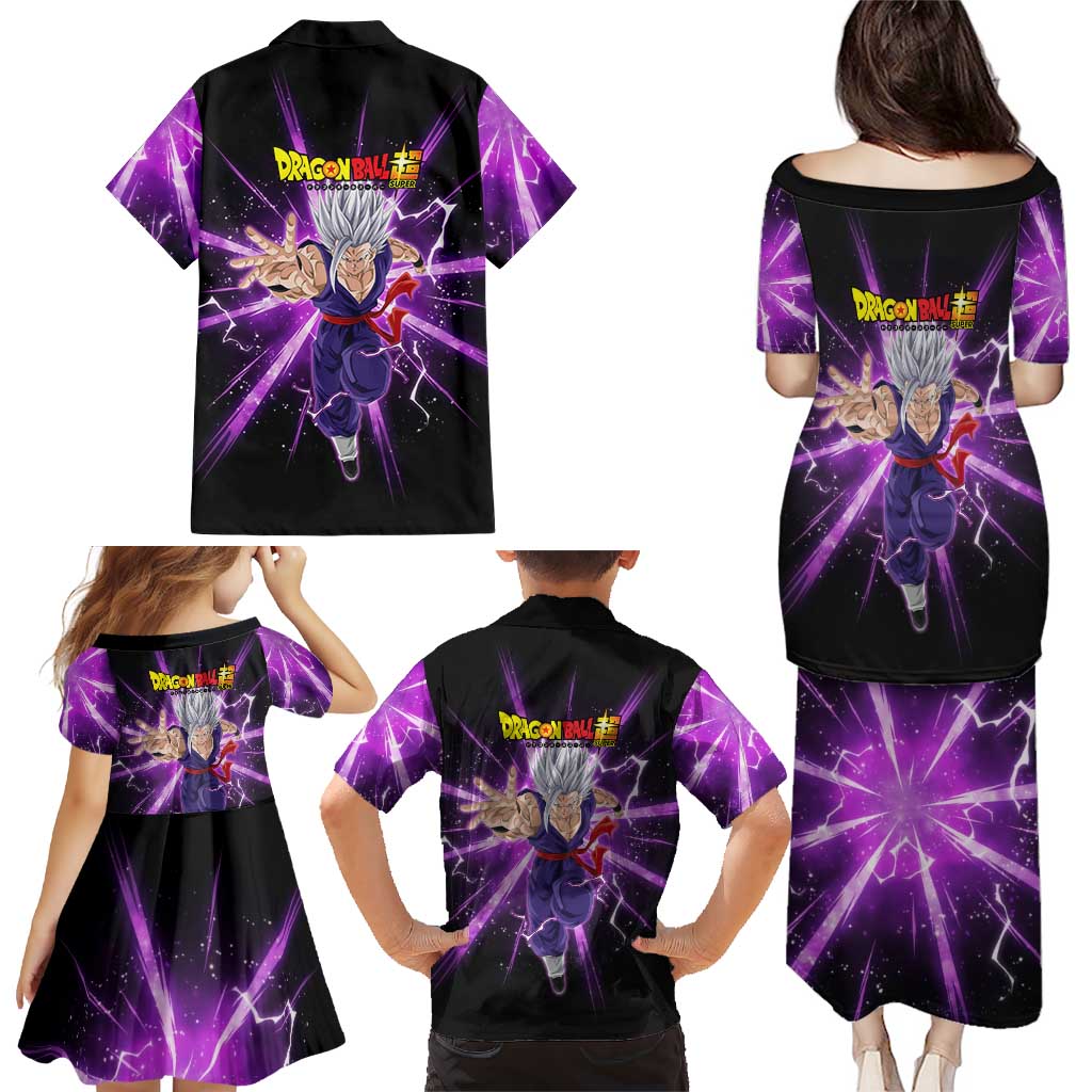 Gohan Beast Dragon Ball Super Anime Purple Lightning Aura Design Family Matching Puletasi and Hawaiian Shirt with Dynamic Power Pose and Energy Burst Background