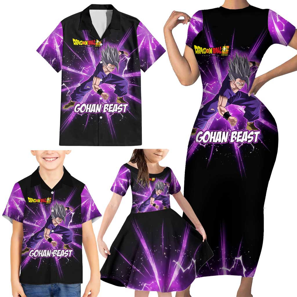 Gohan Beast Dragon Ball Super Anime Purple Lightning Aura Design Family Matching Short Sleeve Bodycon Dress and Hawaiian Shirt with Dynamic Power Pose and Energy Burst Background