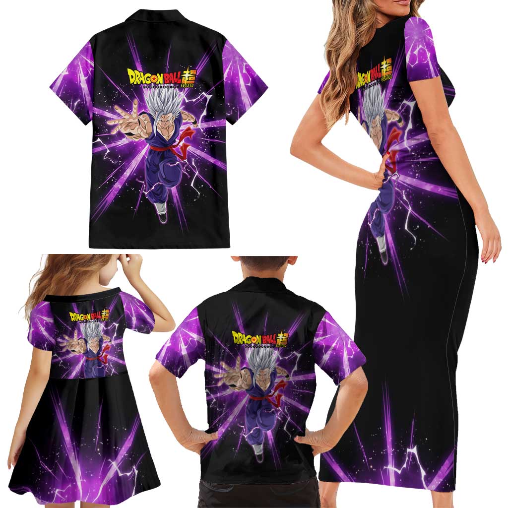 Gohan Beast Dragon Ball Super Anime Purple Lightning Aura Design Family Matching Short Sleeve Bodycon Dress and Hawaiian Shirt with Dynamic Power Pose and Energy Burst Background