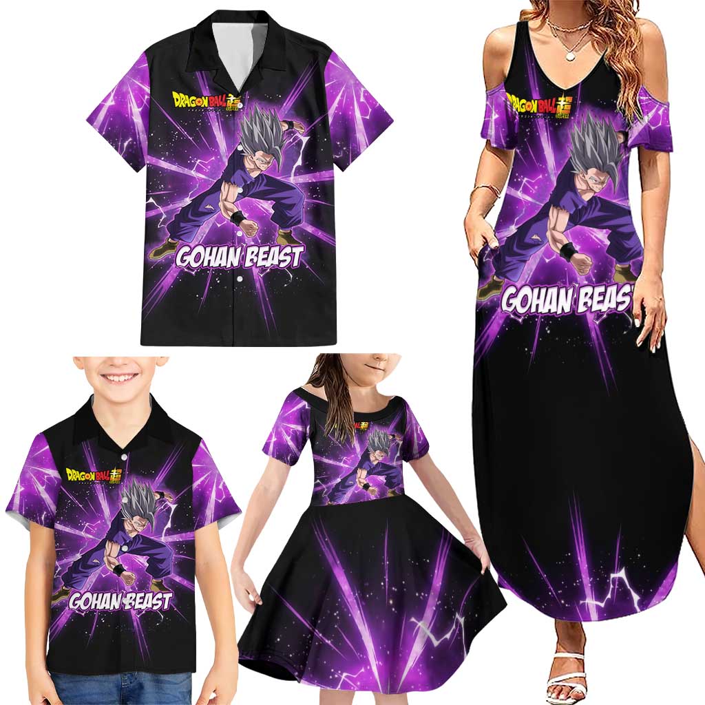 Gohan Beast Dragon Ball Super Anime Purple Lightning Aura Design Family Matching Summer Maxi Dress and Hawaiian Shirt with Dynamic Power Pose and Energy Burst Background