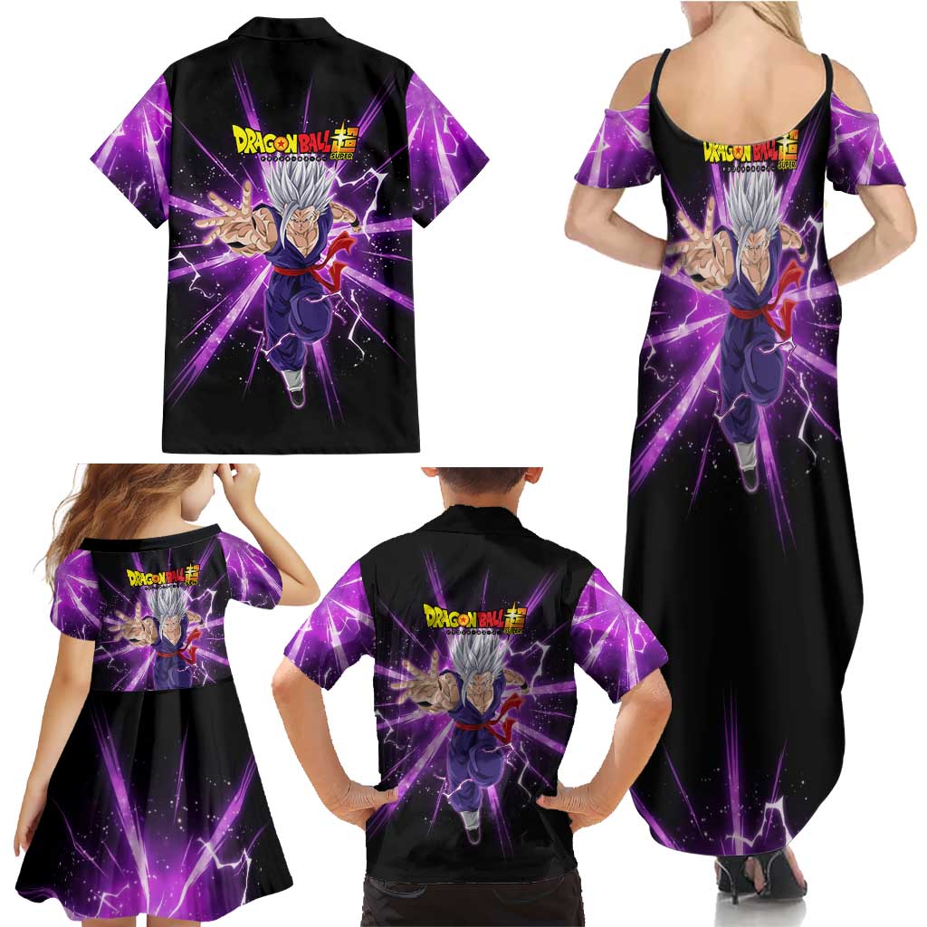 Gohan Beast Dragon Ball Super Anime Purple Lightning Aura Design Family Matching Summer Maxi Dress and Hawaiian Shirt with Dynamic Power Pose and Energy Burst Background