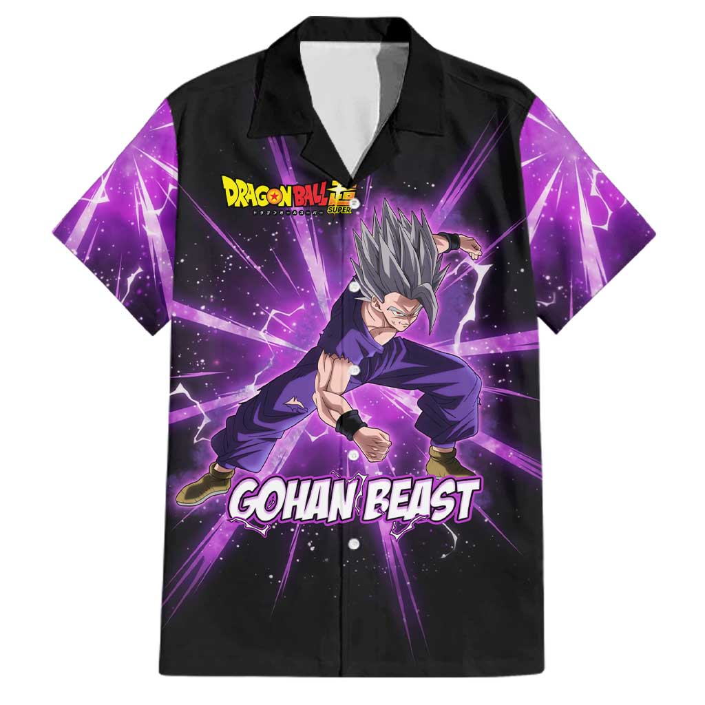 Gohan Beast Dragon Ball Super Anime Purple Lightning Aura Design Family Matching Summer Maxi Dress and Hawaiian Shirt with Dynamic Power Pose and Energy Burst Background