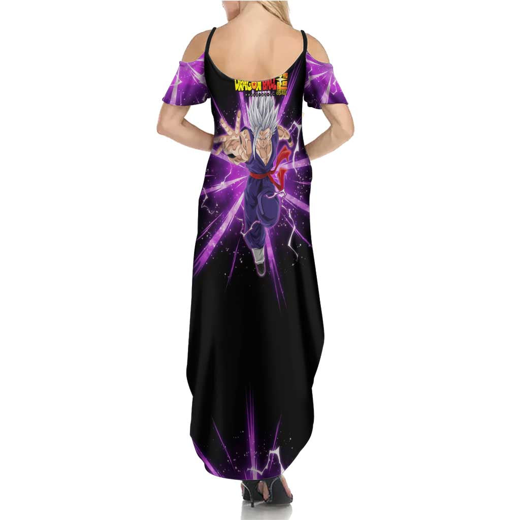 Gohan Beast Dragon Ball Super Anime Purple Lightning Aura Design Family Matching Summer Maxi Dress and Hawaiian Shirt with Dynamic Power Pose and Energy Burst Background