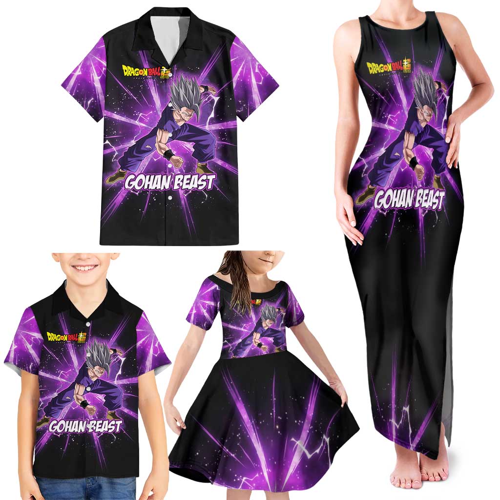 Gohan Beast Dragon Ball Super Anime Purple Lightning Aura Design Family Matching Tank Maxi Dress and Hawaiian Shirt with Dynamic Power Pose and Energy Burst Background