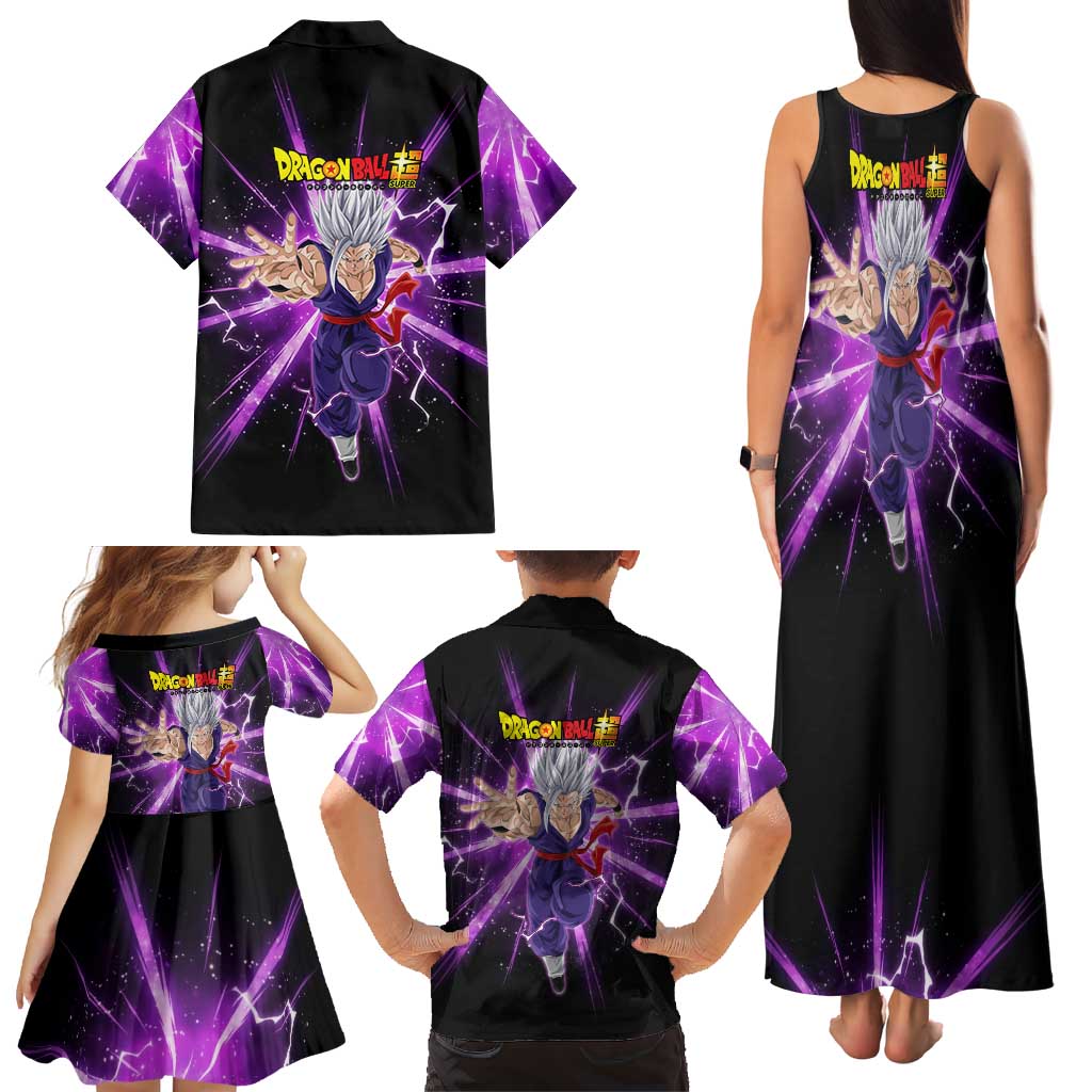 Gohan Beast Dragon Ball Super Anime Purple Lightning Aura Design Family Matching Tank Maxi Dress and Hawaiian Shirt with Dynamic Power Pose and Energy Burst Background