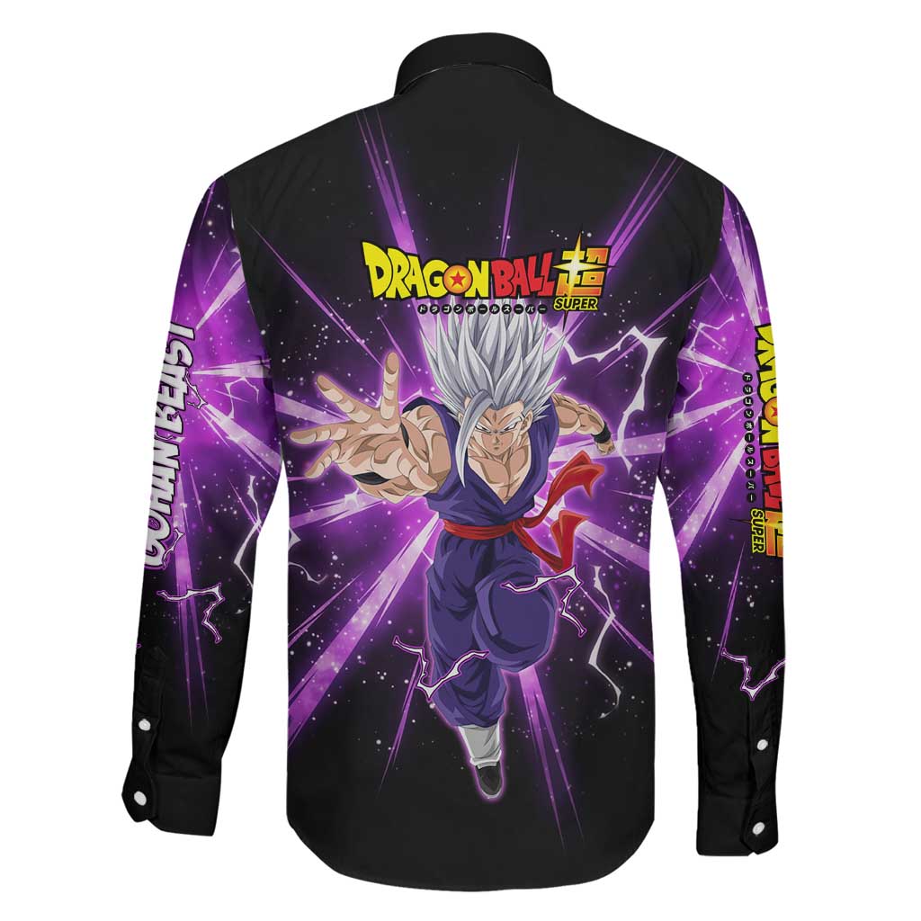 Gohan Beast Dragon Ball Super Anime Purple Lightning Aura Design Family Matching Tank Maxi Dress and Hawaiian Shirt with Dynamic Power Pose and Energy Burst Background