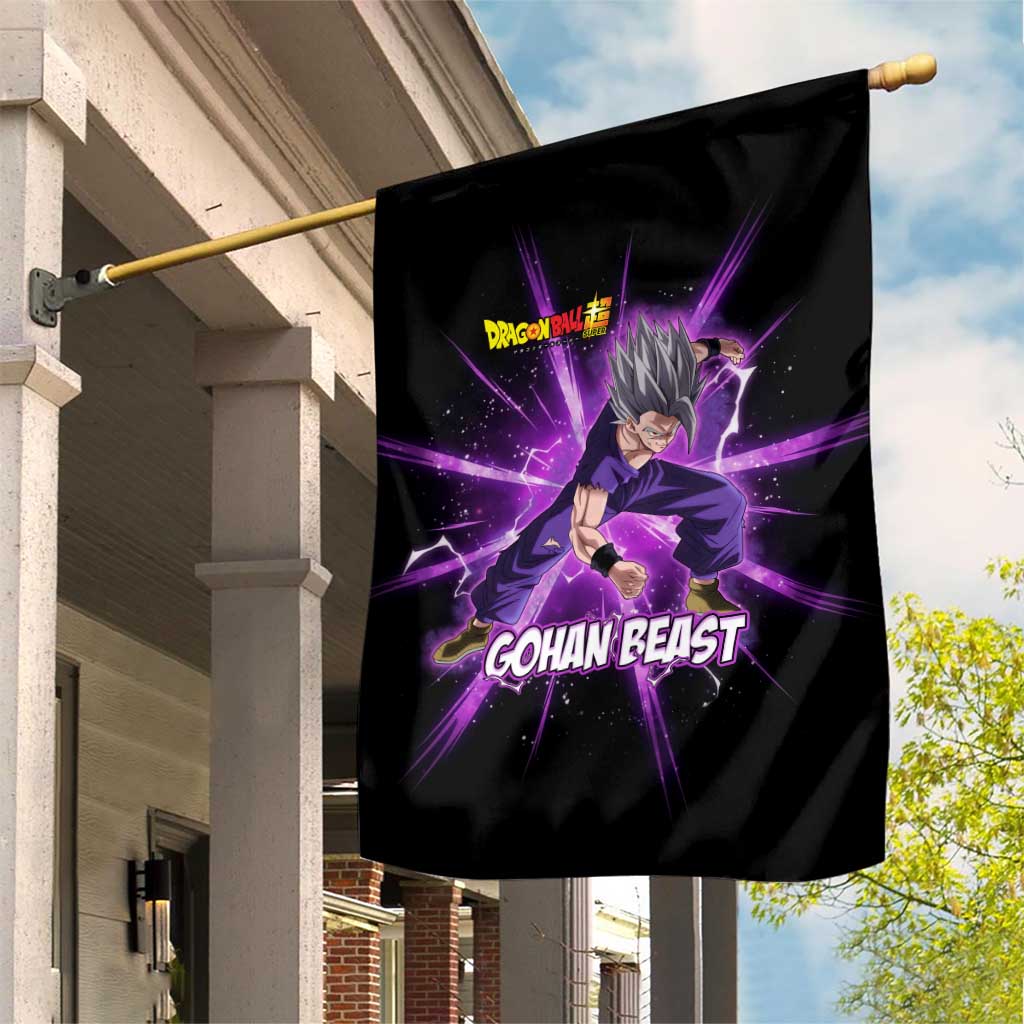 Gohan Beast Dragon Ball Super Anime Purple Lightning Aura Design Garden Flag with Dynamic Power Pose and Energy Burst Background - The Mazicc