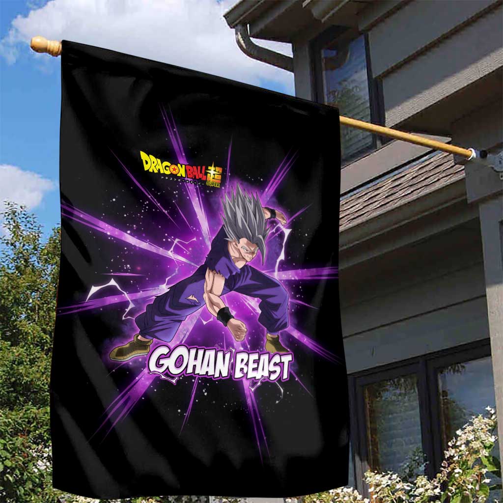 Gohan Beast Dragon Ball Super Anime Purple Lightning Aura Design Garden Flag with Dynamic Power Pose and Energy Burst Background - The Mazicc