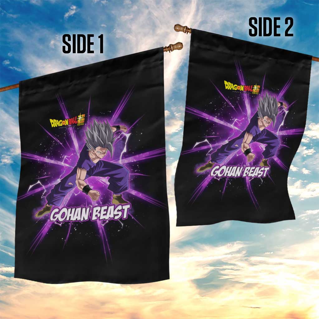 Gohan Beast Dragon Ball Super Anime Purple Lightning Aura Design Garden Flag with Dynamic Power Pose and Energy Burst Background - The Mazicc