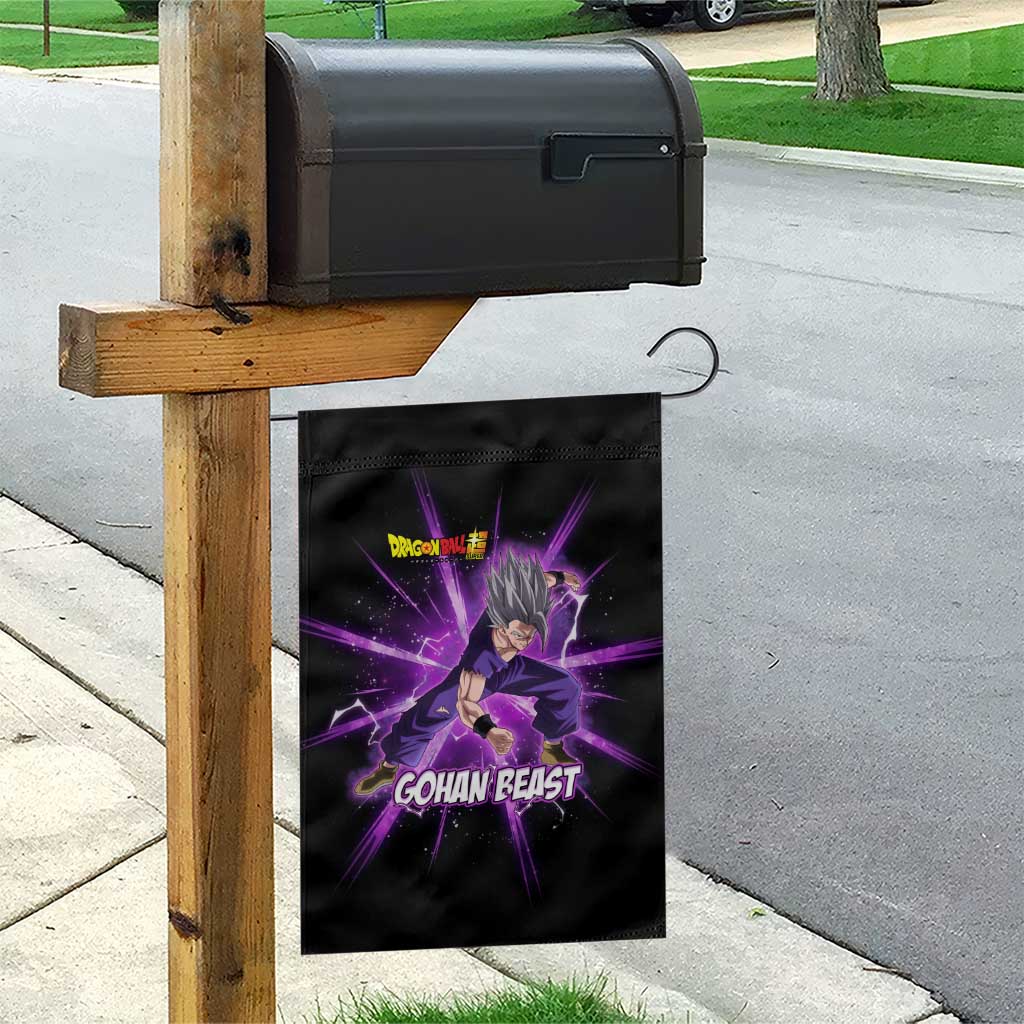 Gohan Beast Dragon Ball Super Anime Purple Lightning Aura Design Garden Flag with Dynamic Power Pose and Energy Burst Background - The Mazicc