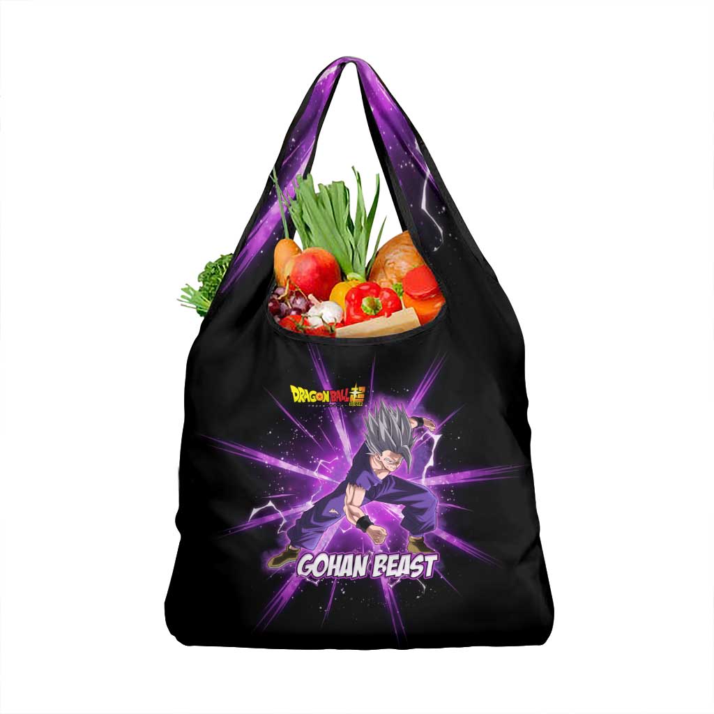 Gohan Beast Dragon Ball Super Anime Purple Lightning Aura Design Grocery Bag with Dynamic Power Pose and Energy Burst Background - The Mazicc