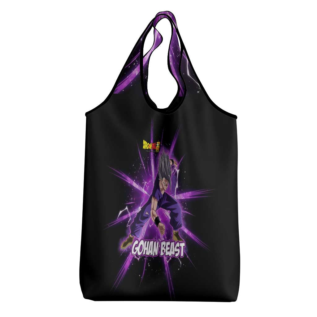 Gohan Beast Dragon Ball Super Anime Purple Lightning Aura Design Grocery Bag with Dynamic Power Pose and Energy Burst Background - The Mazicc