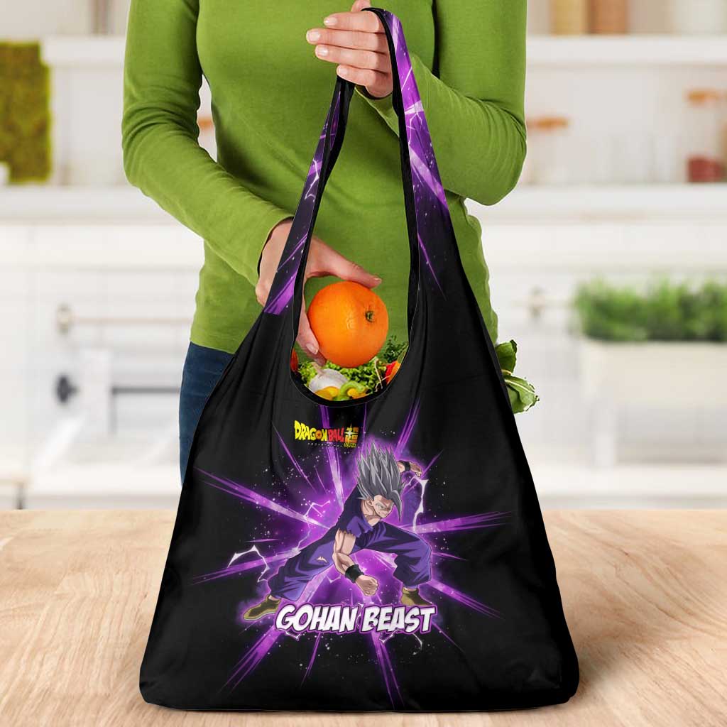 Gohan Beast Dragon Ball Super Anime Purple Lightning Aura Design Grocery Bag with Dynamic Power Pose and Energy Burst Background - The Mazicc
