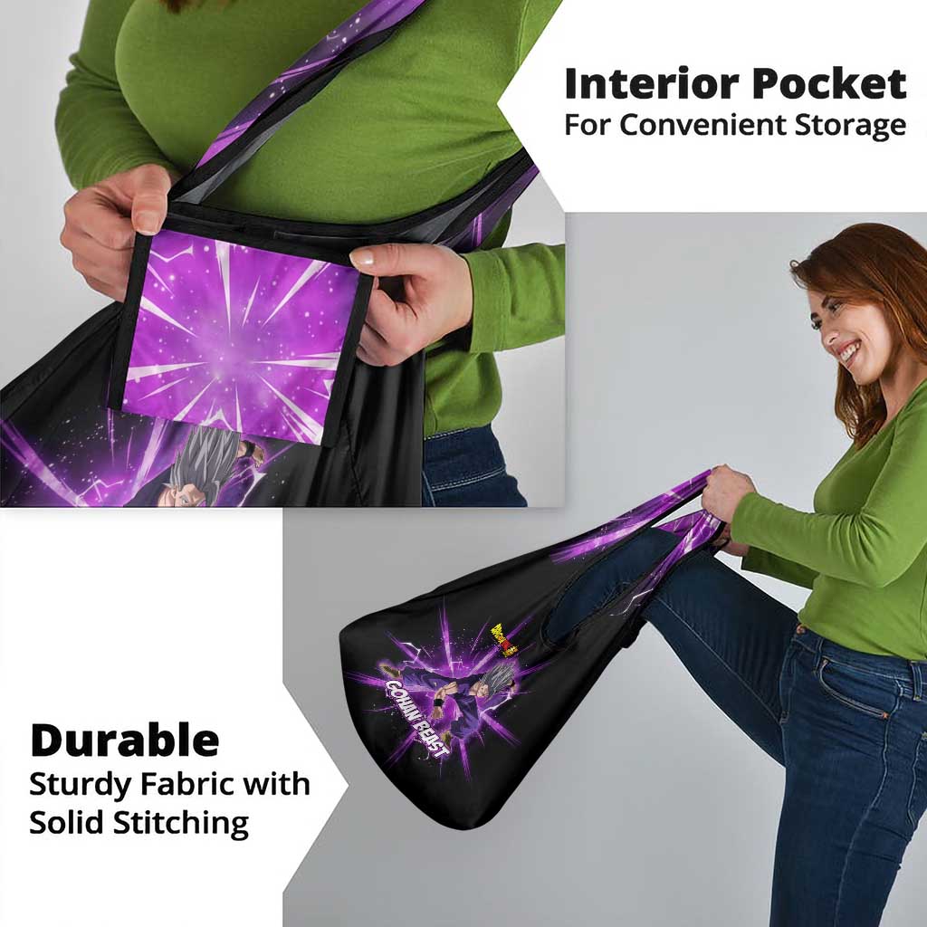 Gohan Beast Dragon Ball Super Anime Purple Lightning Aura Design Grocery Bag with Dynamic Power Pose and Energy Burst Background - The Mazicc