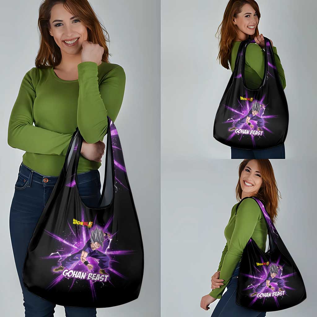 Gohan Beast Dragon Ball Super Anime Purple Lightning Aura Design Grocery Bag with Dynamic Power Pose and Energy Burst Background - The Mazicc
