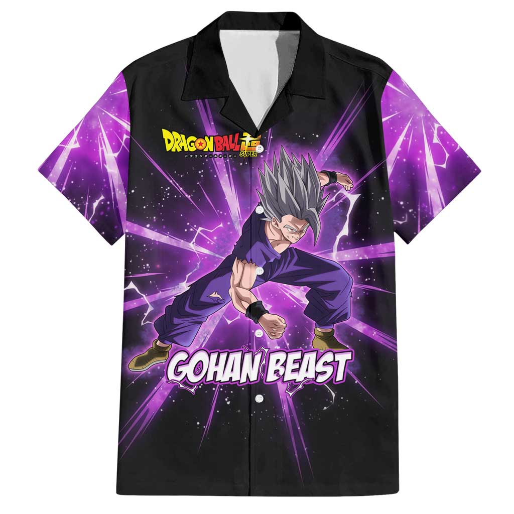 Gohan Beast Dragon Ball Super Anime Purple Lightning Aura Design Hawaiian Shirt with Dynamic Power Pose and Energy Burst Background - The Mazicc