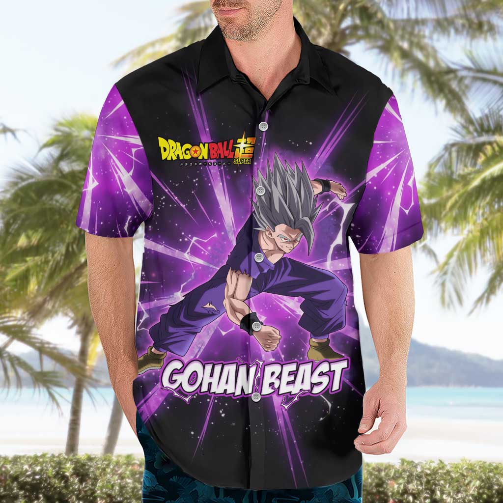 Gohan Beast Dragon Ball Super Anime Purple Lightning Aura Design Hawaiian Shirt with Dynamic Power Pose and Energy Burst Background - The Mazicc