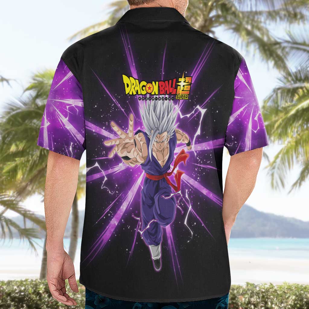 Gohan Beast Dragon Ball Super Anime Purple Lightning Aura Design Hawaiian Shirt with Dynamic Power Pose and Energy Burst Background - The Mazicc