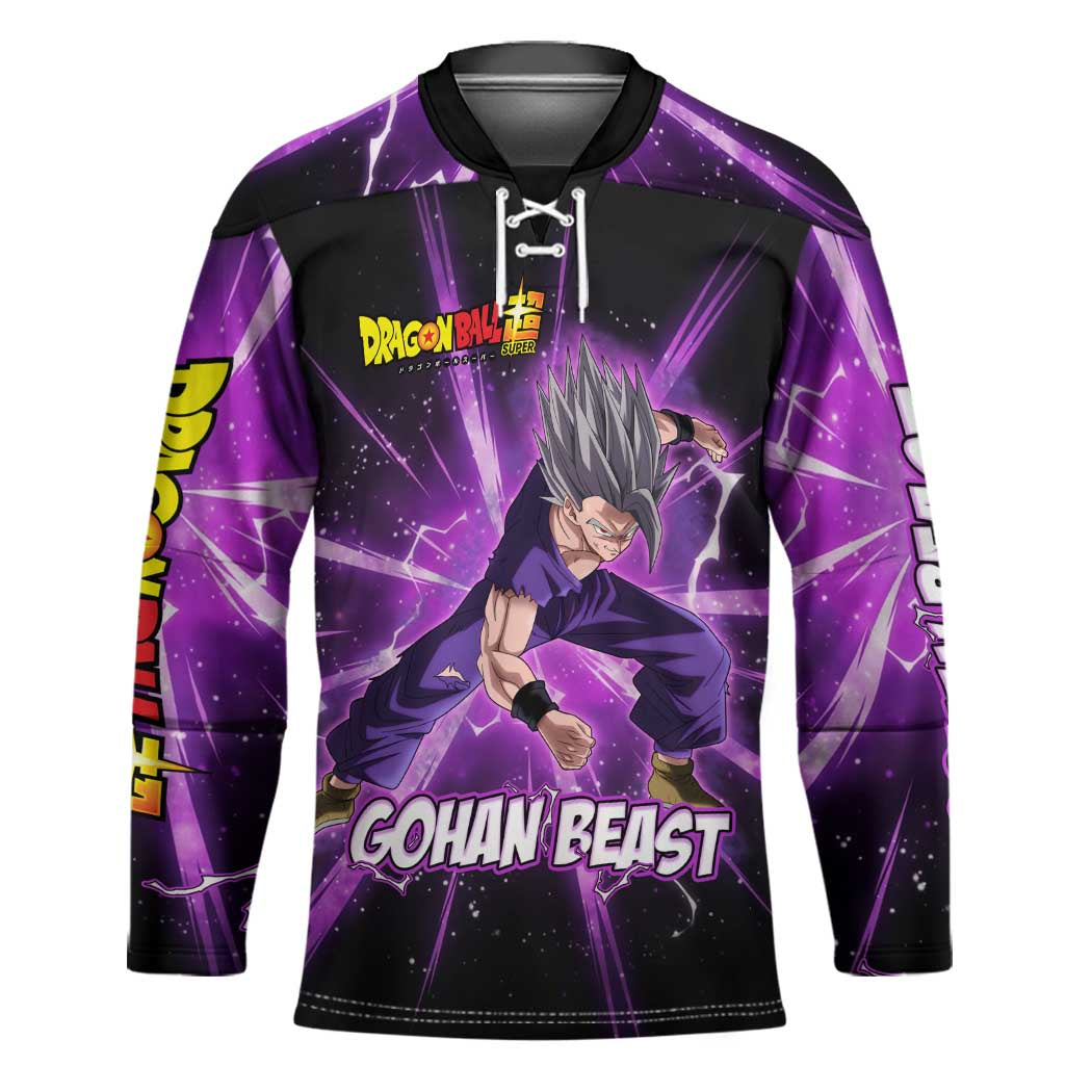 Gohan Beast Dragon Ball Super Anime Purple Lightning Aura Design Hockey Jersey with Dynamic Power Pose and Energy Burst Background - The Mazicc