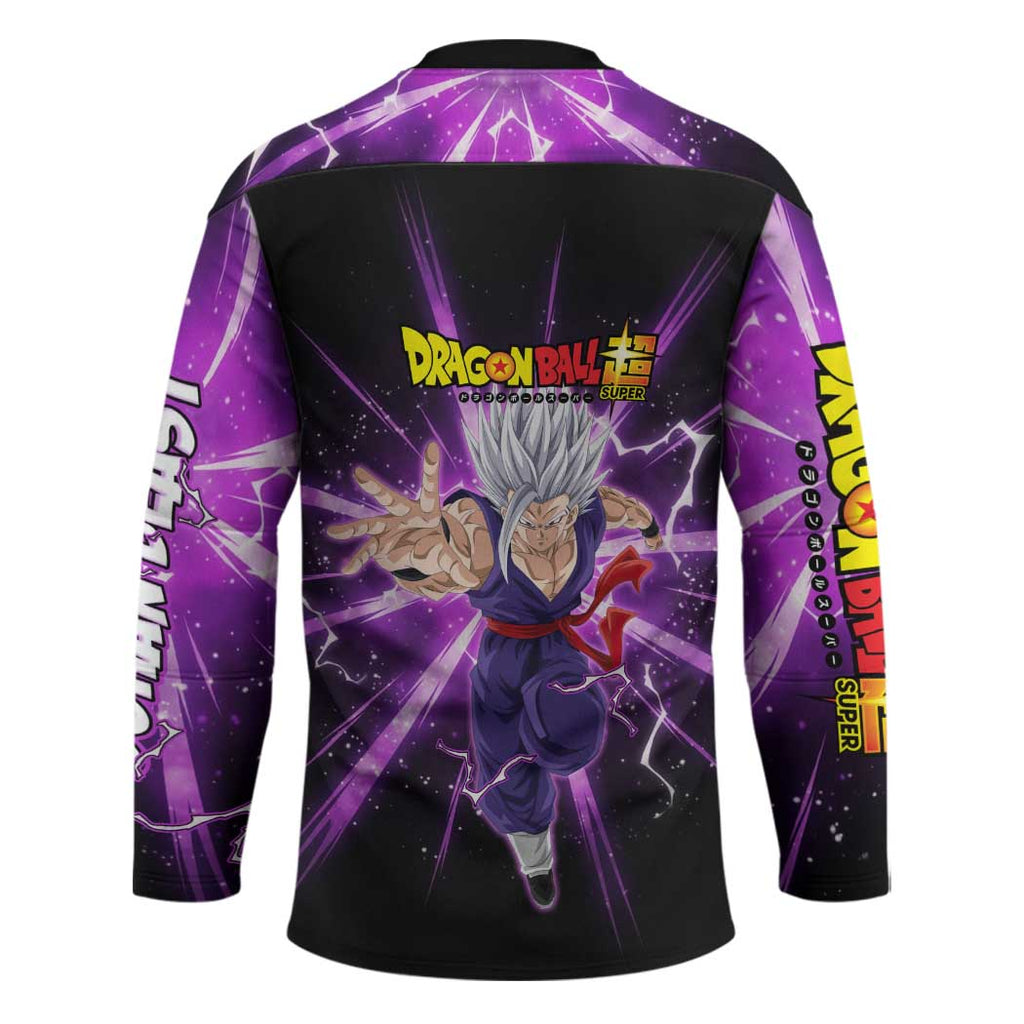 Gohan Beast Dragon Ball Super Anime Purple Lightning Aura Design Hockey Jersey with Dynamic Power Pose and Energy Burst Background - The Mazicc