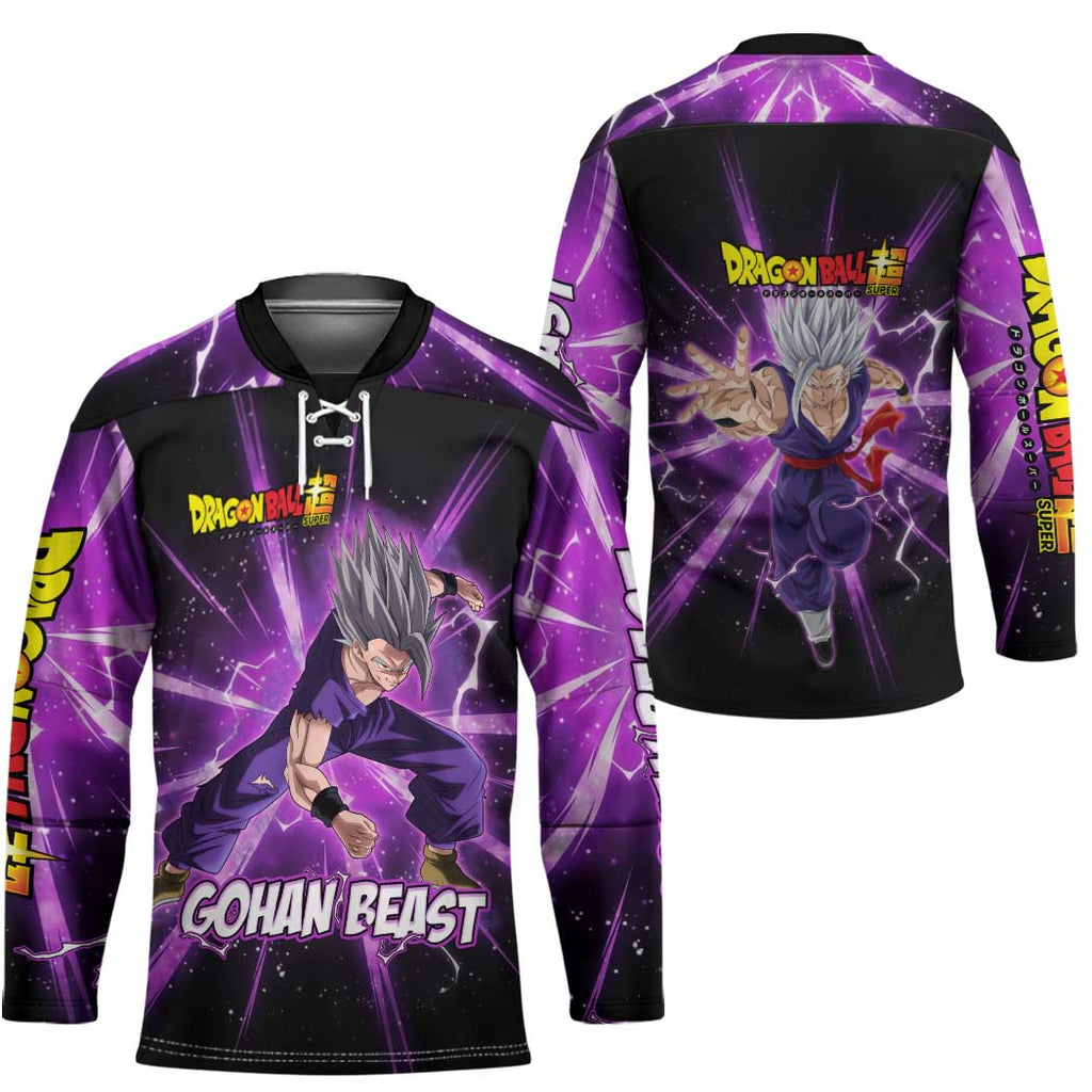 Gohan Beast Dragon Ball Super Anime Purple Lightning Aura Design Hockey Jersey with Dynamic Power Pose and Energy Burst Background - The Mazicc