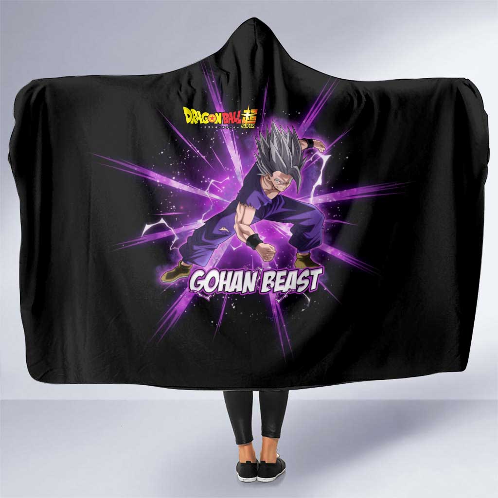 Gohan Beast Dragon Ball Super Anime Purple Lightning Aura Design Hooded Blanket with Dynamic Power Pose and Energy Burst Background - The Mazicc