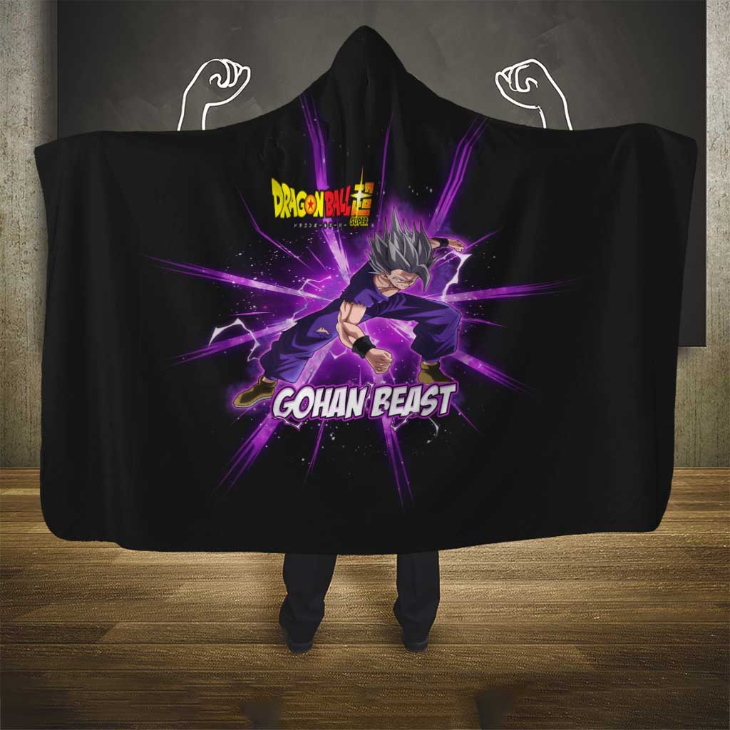 Gohan Beast Dragon Ball Super Anime Purple Lightning Aura Design Hooded Blanket with Dynamic Power Pose and Energy Burst Background - The Mazicc