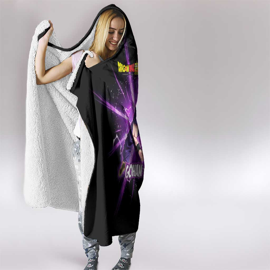 Gohan Beast Dragon Ball Super Anime Purple Lightning Aura Design Hooded Blanket with Dynamic Power Pose and Energy Burst Background - The Mazicc