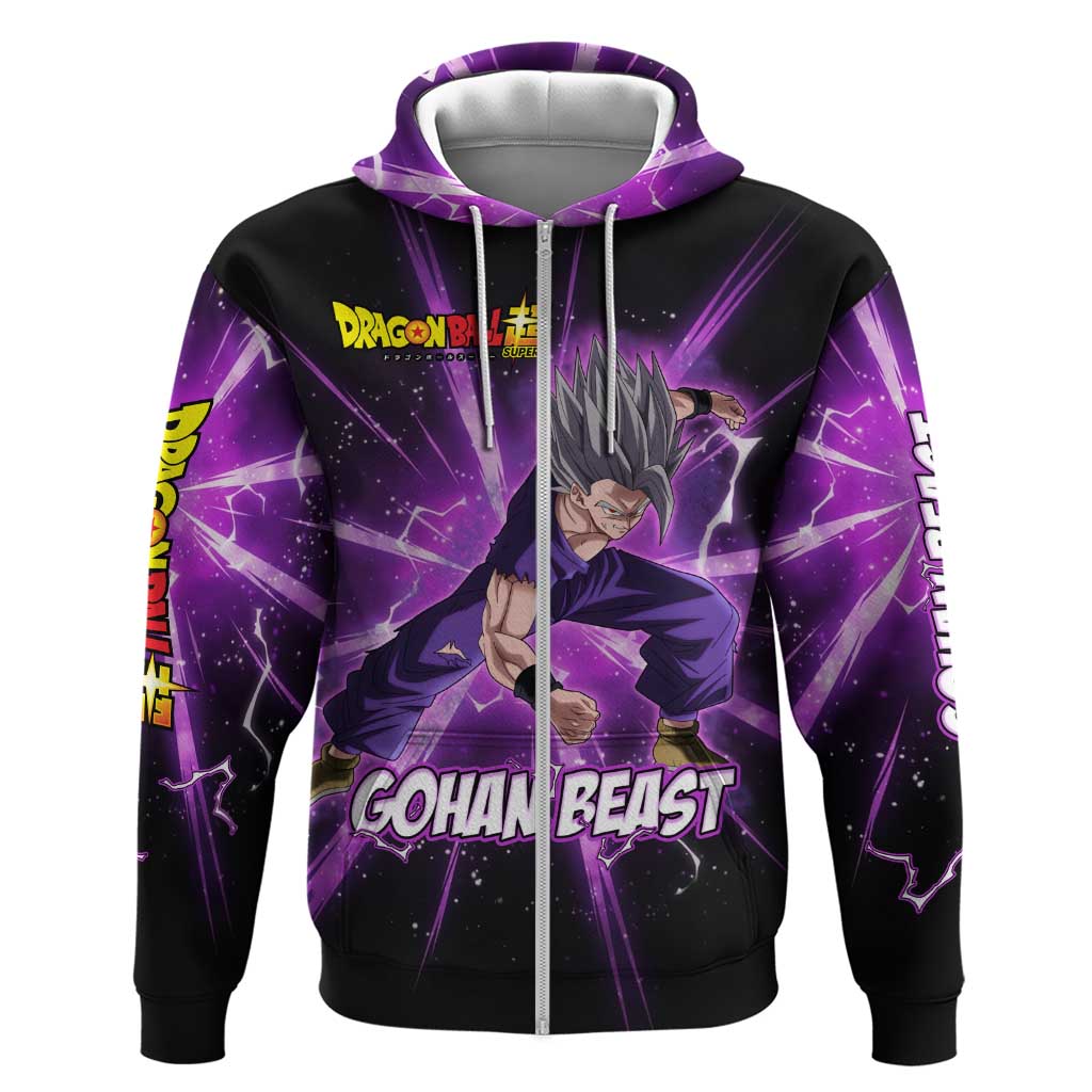 Gohan Beast Dragon Ball Super Anime Purple Lightning Aura Design Hoodie with Dynamic Power Pose and Energy Burst Background - The Mazicc