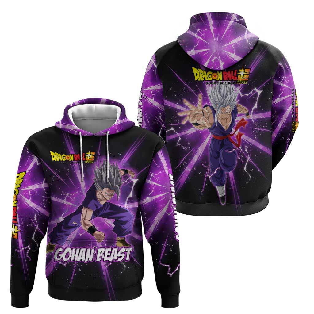 Gohan Beast Dragon Ball Super Anime Purple Lightning Aura Design Hoodie with Dynamic Power Pose and Energy Burst Background - The Mazicc