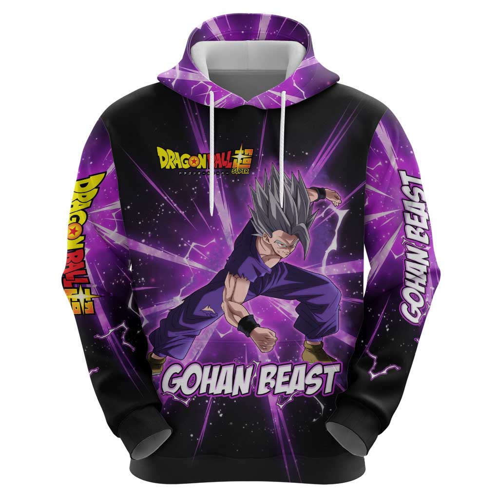 Gohan Beast Dragon Ball Super Anime Purple Lightning Aura Design Hoodie with Dynamic Power Pose and Energy Burst Background - The Mazicc