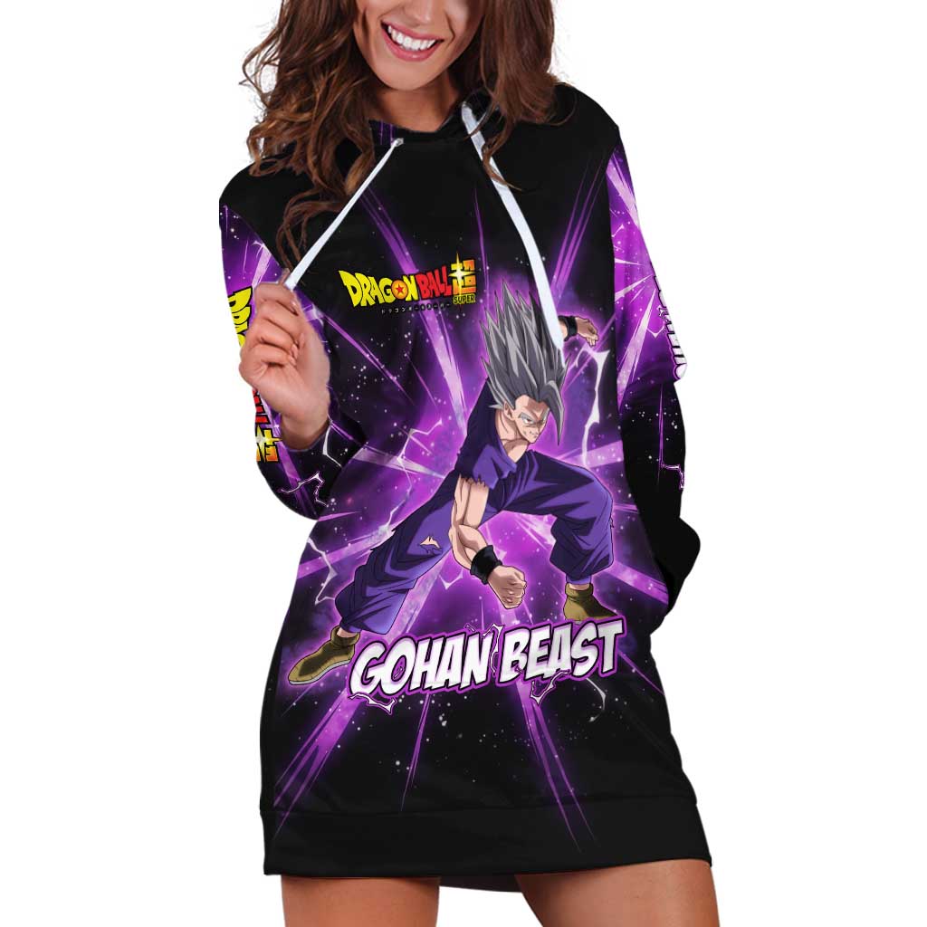 Gohan Beast Dragon Ball Super Anime Purple Lightning Aura Design Hoodie Dress with Dynamic Power Pose and Energy Burst Background - The Mazicc