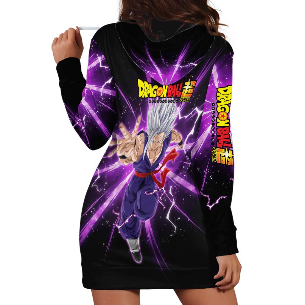 Gohan Beast Dragon Ball Super Anime Purple Lightning Aura Design Hoodie Dress with Dynamic Power Pose and Energy Burst Background - The Mazicc