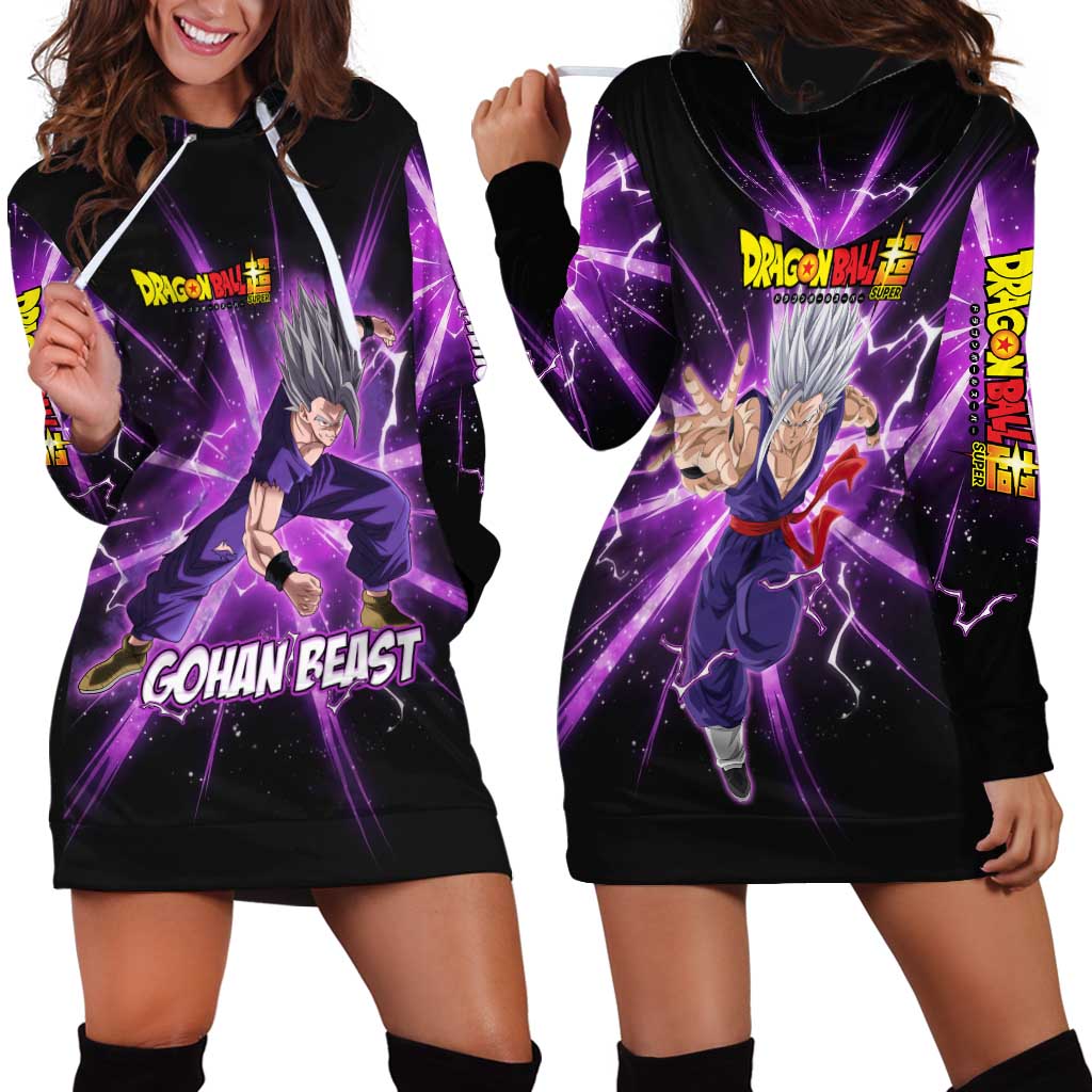Gohan Beast Dragon Ball Super Anime Purple Lightning Aura Design Hoodie Dress with Dynamic Power Pose and Energy Burst Background - The Mazicc