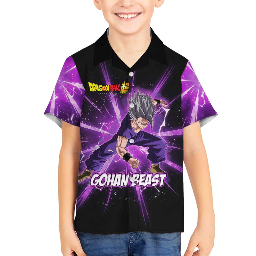 Gohan Beast Dragon Ball Super Anime Purple Lightning Aura Design Kid Hawaiian Shirt with Dynamic Power Pose and Energy Burst Background - The Mazicc