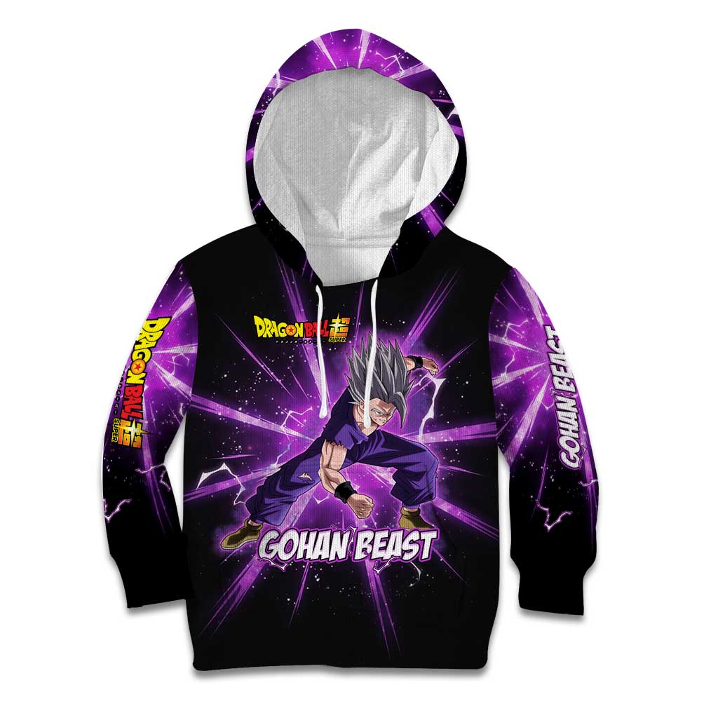 Gohan Beast Dragon Ball Super Anime Purple Lightning Aura Design Kid Hoodie with Dynamic Power Pose and Energy Burst Background - The Mazicc