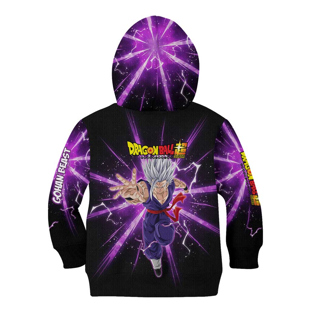 Gohan Beast Dragon Ball Super Anime Purple Lightning Aura Design Kid Hoodie with Dynamic Power Pose and Energy Burst Background - The Mazicc