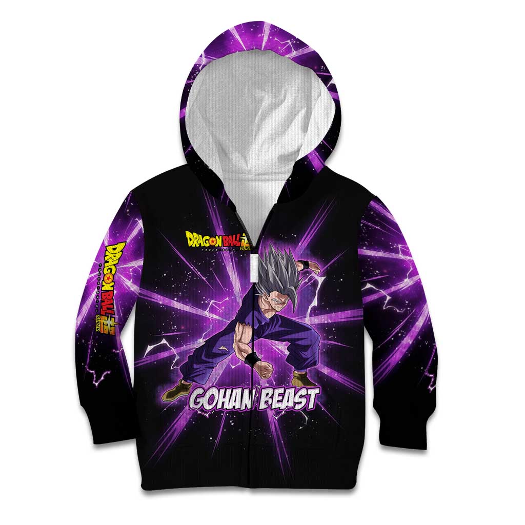 Gohan Beast Dragon Ball Super Anime Purple Lightning Aura Design Kid Hoodie with Dynamic Power Pose and Energy Burst Background - The Mazicc