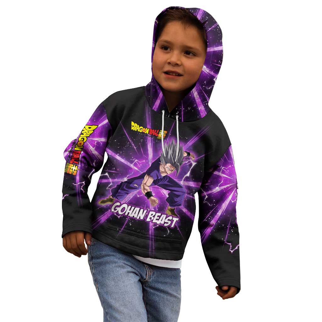 Gohan Beast Dragon Ball Super Anime Purple Lightning Aura Design Kid Hoodie with Dynamic Power Pose and Energy Burst Background - The Mazicc